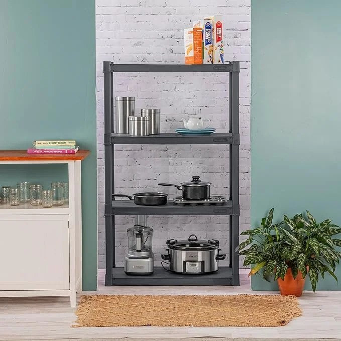 Casavibeo Sterilite 2-pack heavy-duty plastic shelving units with four shelves, ideal for kitchen, bathroom, or garage storage.