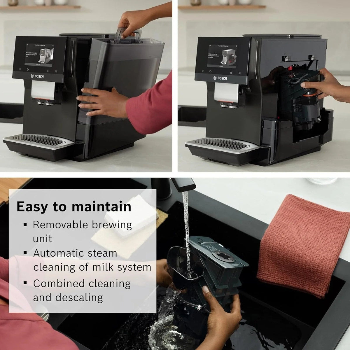 Bosch 800 Series VeroCafe fully automatic espresso machine with stainless steel finish and digital control panel.