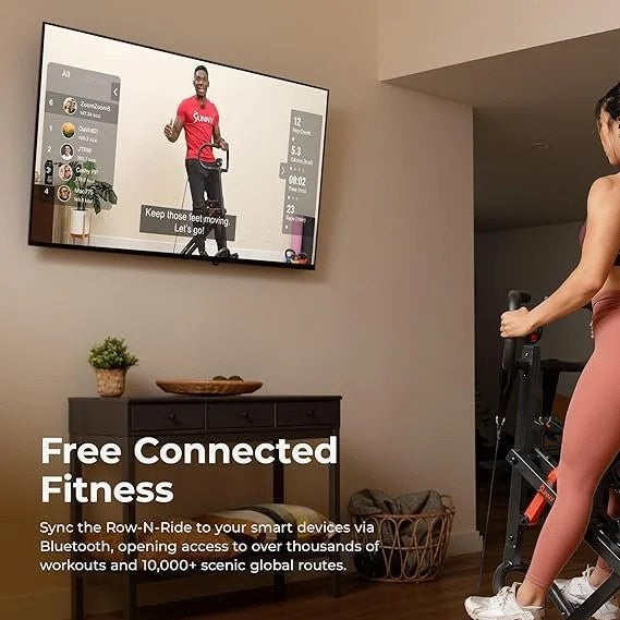 Casavibeo Sunny Health & Fitness Row-N-Ride PRO full-body combo squat machine with resistance band for cardio and ab workouts at home