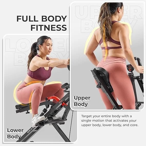 Casavibeo Sunny Health & Fitness Row-N-Ride PRO full body combo squat machine with resistance band for home cardio and ab workouts