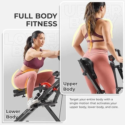 Casavibeo Sunny Health & Fitness Row-N-Ride PRO full body combo squat machine with resistance band for home cardio and ab workouts