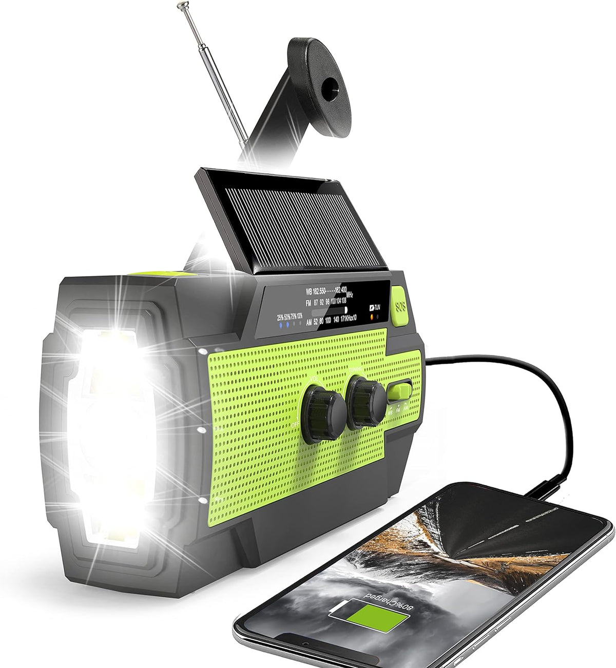 Belro emergency crank weather radio with digital display and built-in flashlight, portable electronics for emergency preparedness