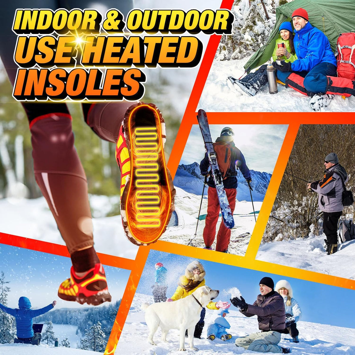 Belro rechargeable heated insoles for outdoor use, showing cushioned design and control button for warmth adjustment.