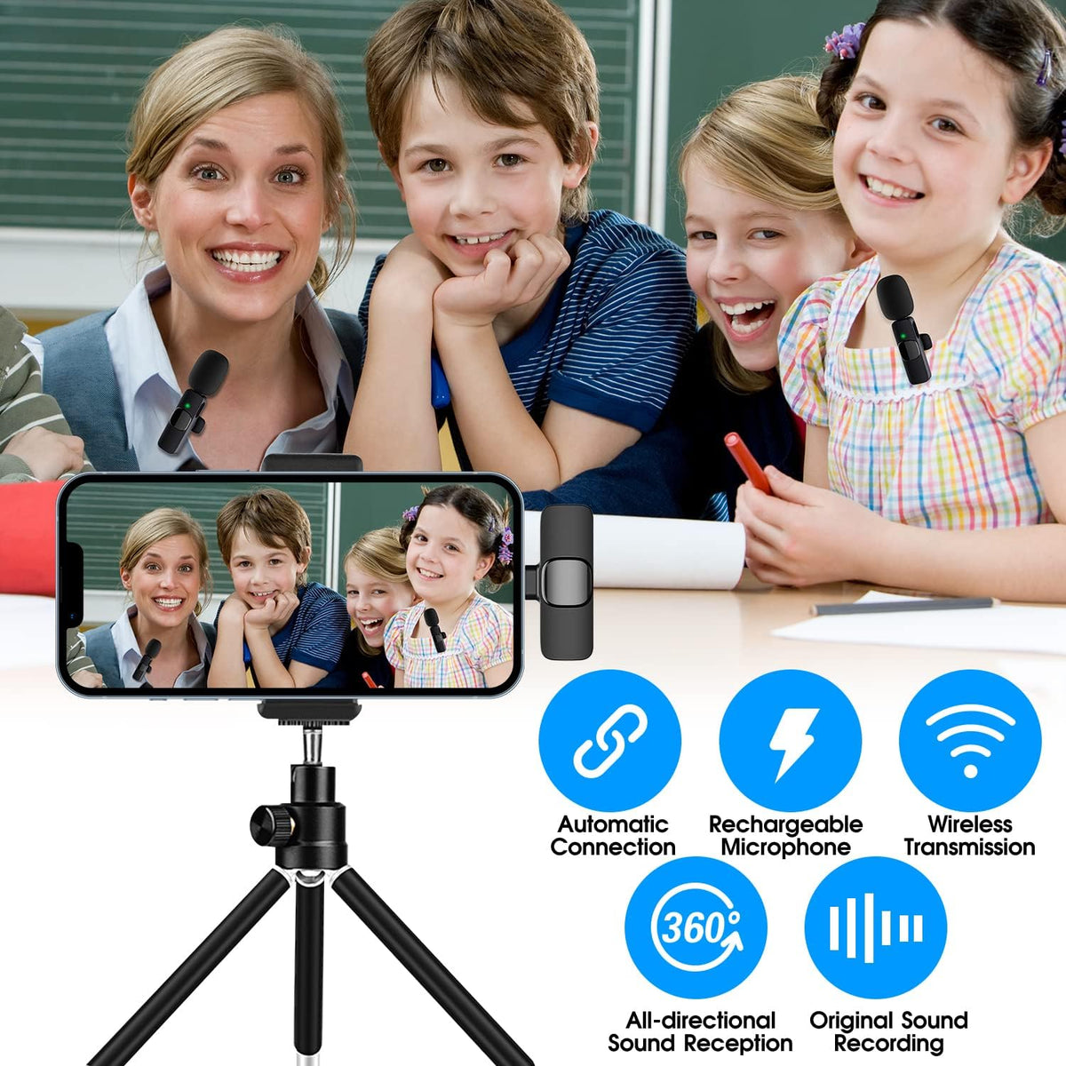 Belro 2-pack wireless microphones for iPhone and iPad, compact audio microphones for mobile recording and streaming.