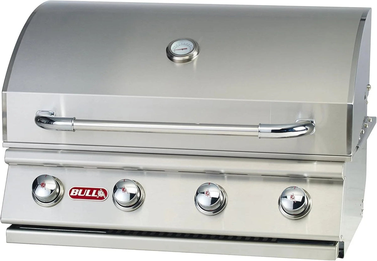 Casavibeo Bull Outlaw 30-inch built-in natural gas grill with four burners and stainless steel finish, ready for outdoor cooking.