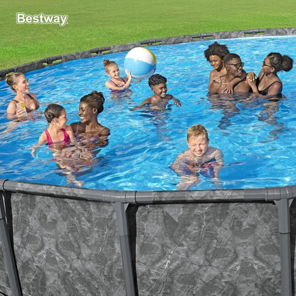 Casavibeo Bestway APX 365 18-foot round above ground swimming pool with pump and ladder, showcasing the pool's size and accessories.