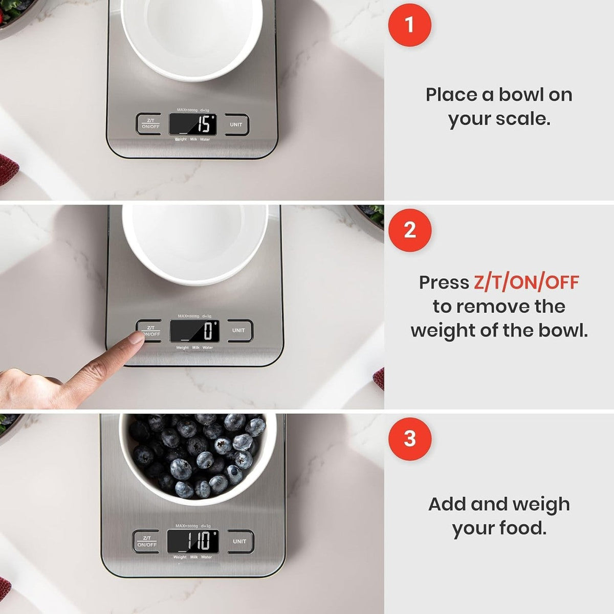Digital kitchen scale by Belro showing a stainless steel weighing platform and digital display for precise measurements.