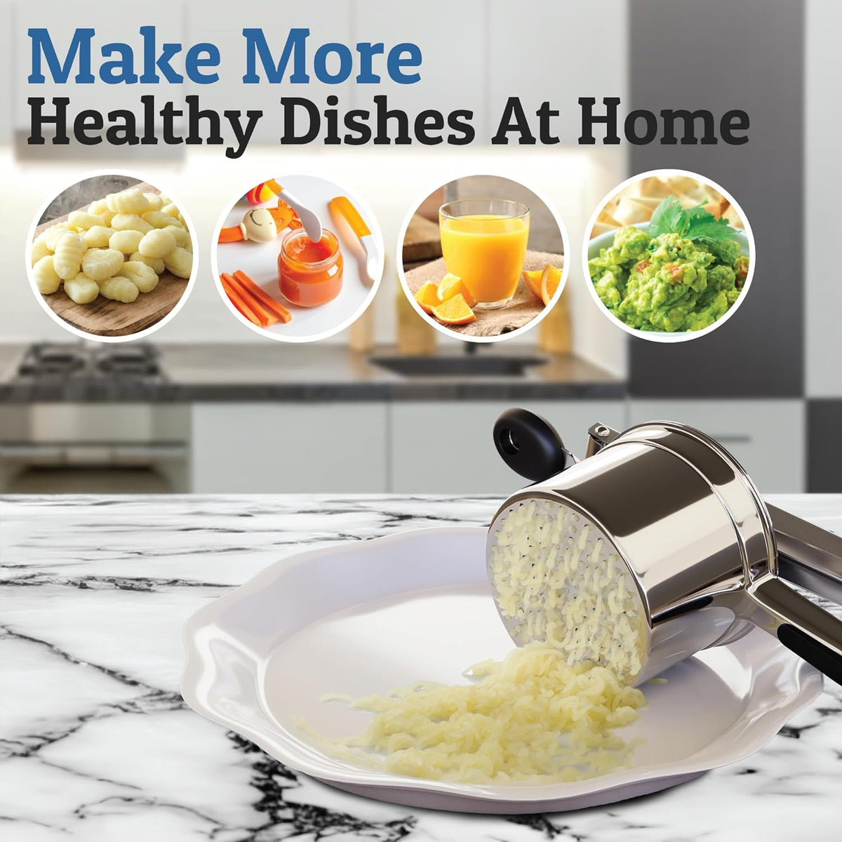 Belro potato ricer for smooth mashed potatoes and purees, made of durable stainless steel with ergonomic handle.