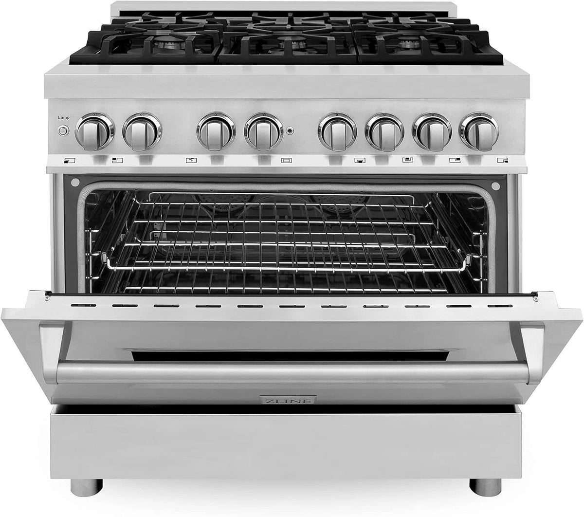 Casavibeo ZLINE 36-inch dual fuel range with stainless steel finish, featuring multiple burners and oven controls.