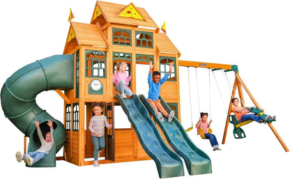 Casavibeo KidKraft Falcon Ridge wooden swing set with slides, swings, and climbing features for kids' outdoor play.