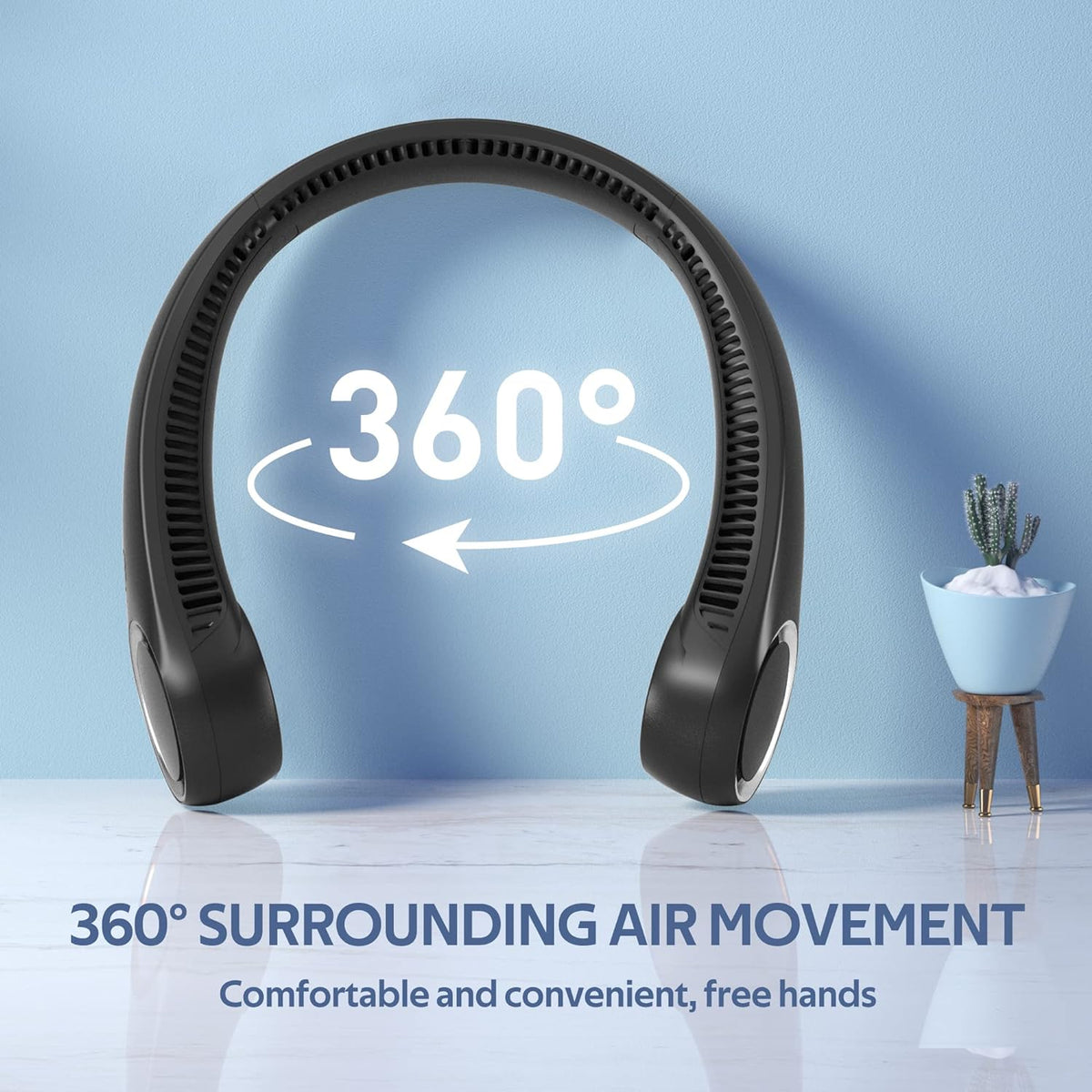 Belro portable hands-free 360° cooling neck fan worn around the neck, with adjustable fan blades and lightweight design for outdoor use.