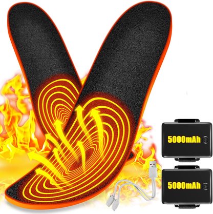 Belro rechargeable heated insoles for outdoor use, showing the insoles with heating elements and control button in a home environment.