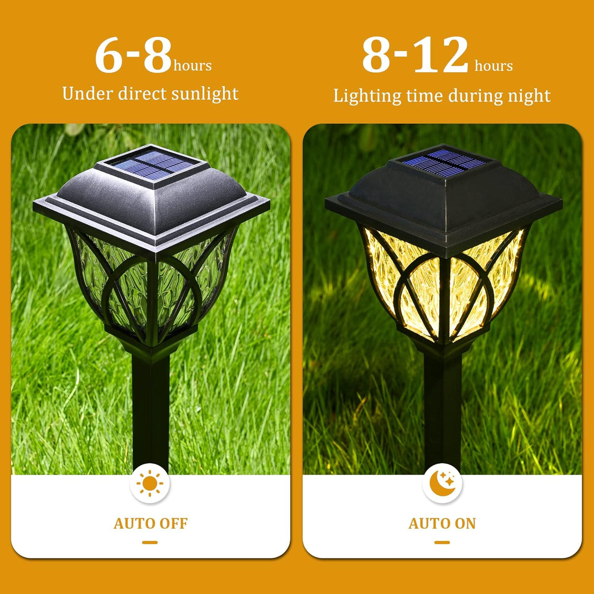 Six Belro solar LED pathway garden lights illuminating an outdoor garden walkway at dusk.