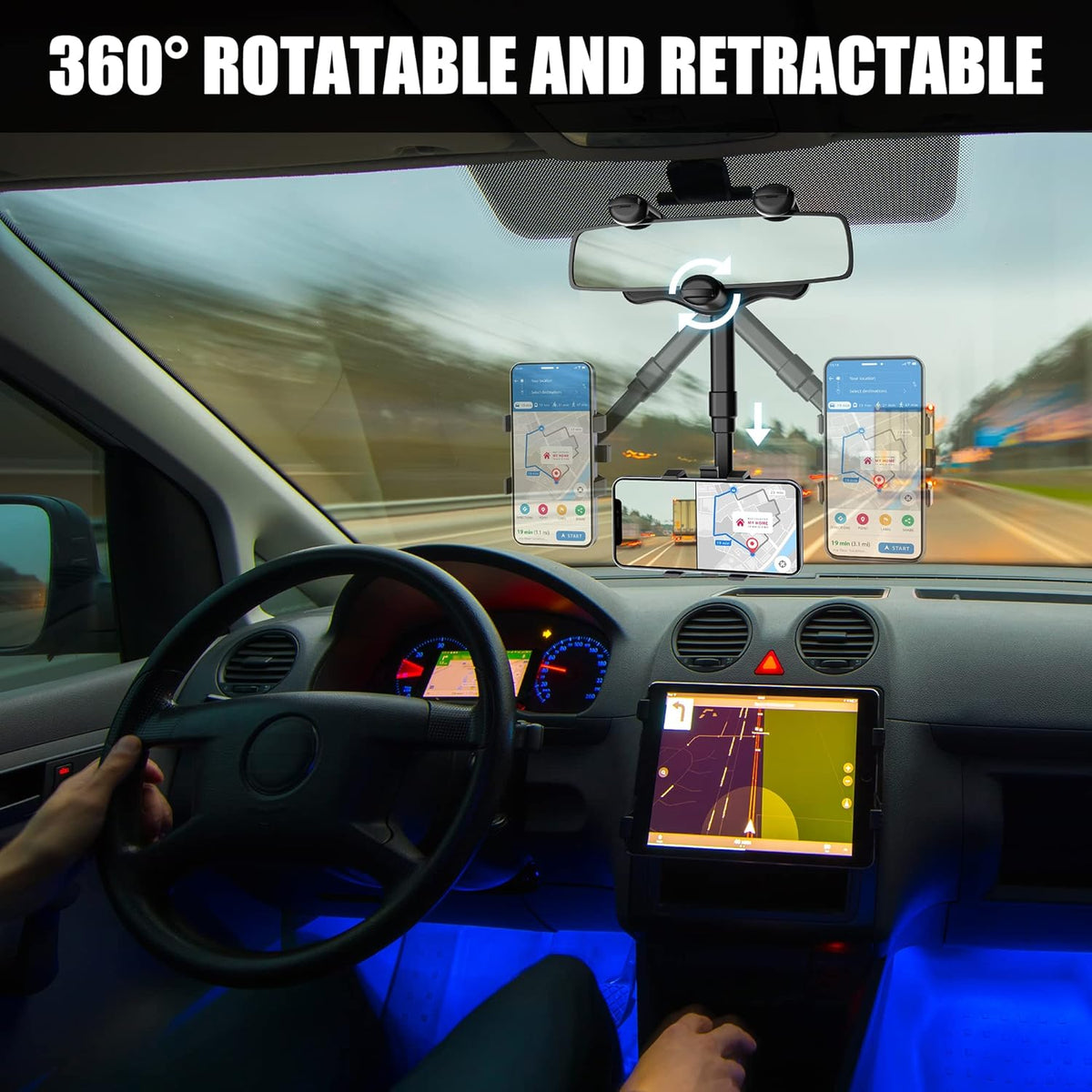 Belro rearview mirror phone holder attached to a vehicle mirror for hands-free device use, compatible with smartphones.