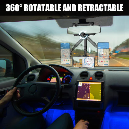 Belro rearview mirror phone holder attached to a vehicle mirror for hands-free device use, compatible with smartphones.
