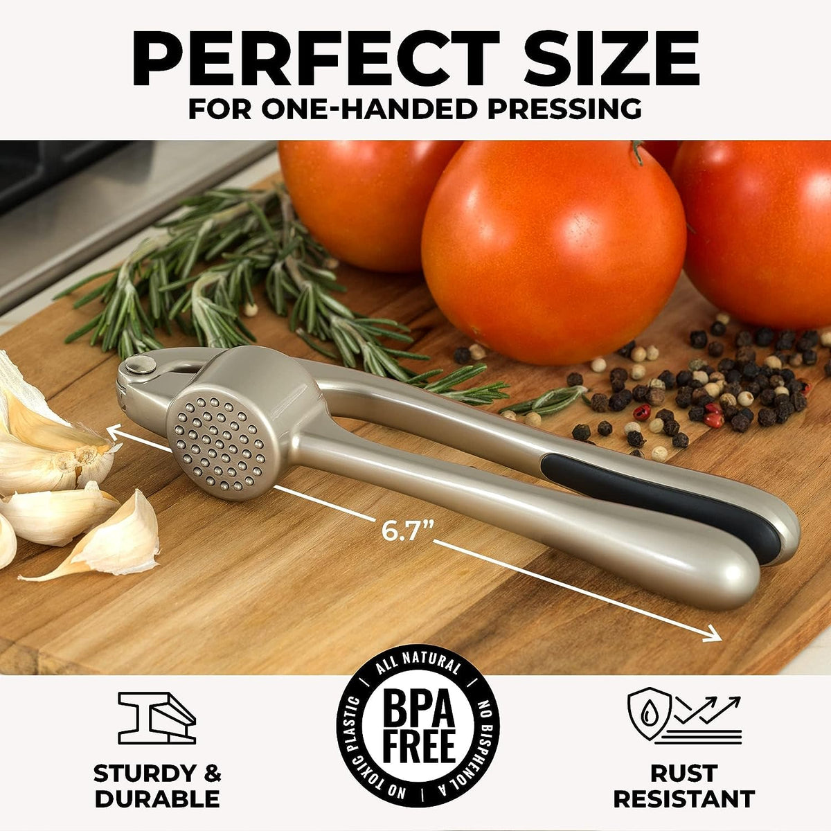 Belro Premium Garlic Press Mincer with stainless steel design, perfect for efficient garlic crushing in kitchen and dining.