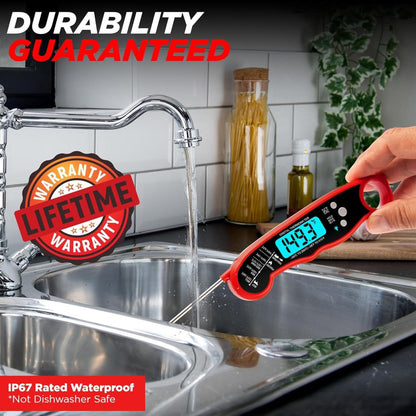Belro instant read meat thermometer showing digital display and stainless steel probe, used for quick temperature measurement of food