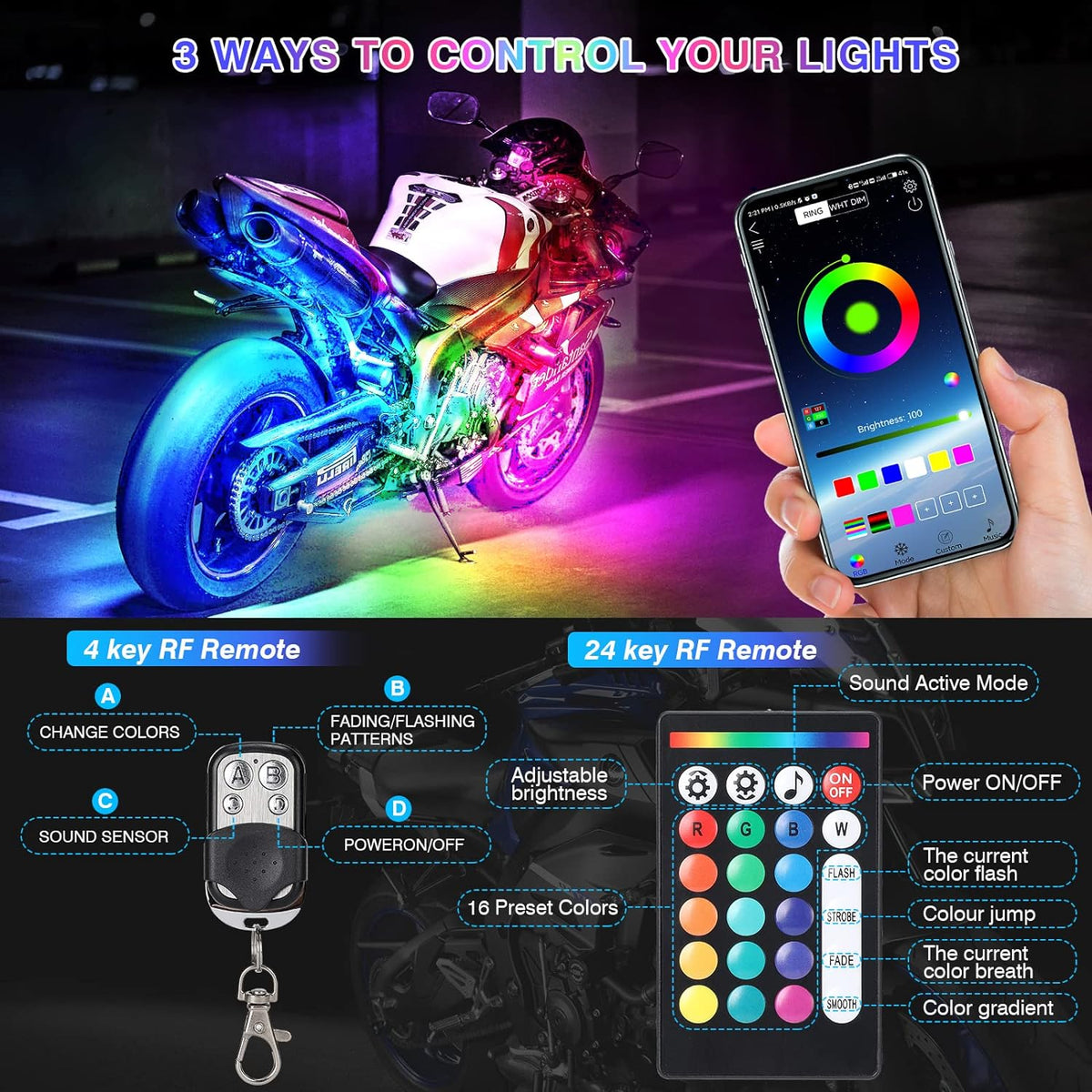 Belro 12-piece motorcycle LED light kit with brake light and turn signals, installed on a motorcycle for enhanced visibility.