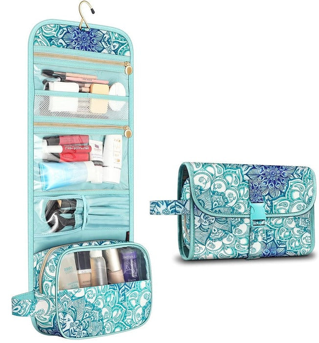 Belro hanging makeup organizer pouch with multiple compartments and adjustable hook for travel and storage.
