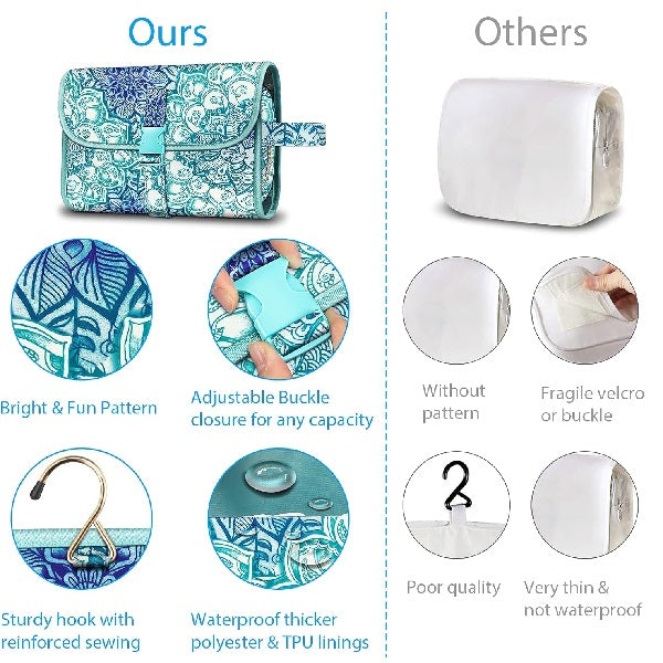 Belro hanging makeup organizer pouch with multiple compartments, compact design, and sturdy zipper for travel and home storage.