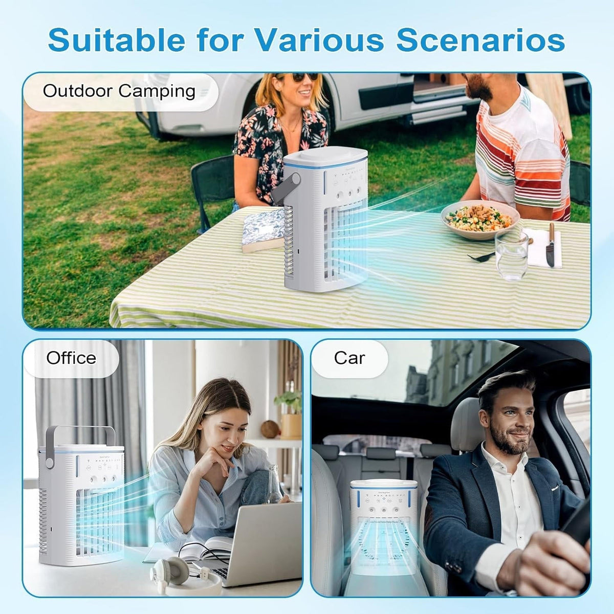 Belro portable mini cooling air conditioner for home and outdoor use, compact design with vents and control panel visible.