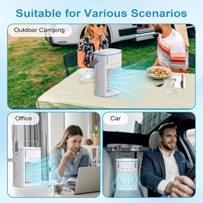 Belro portable mini cooling air conditioner for home and outdoor use, compact design with vents and control panel visible.
