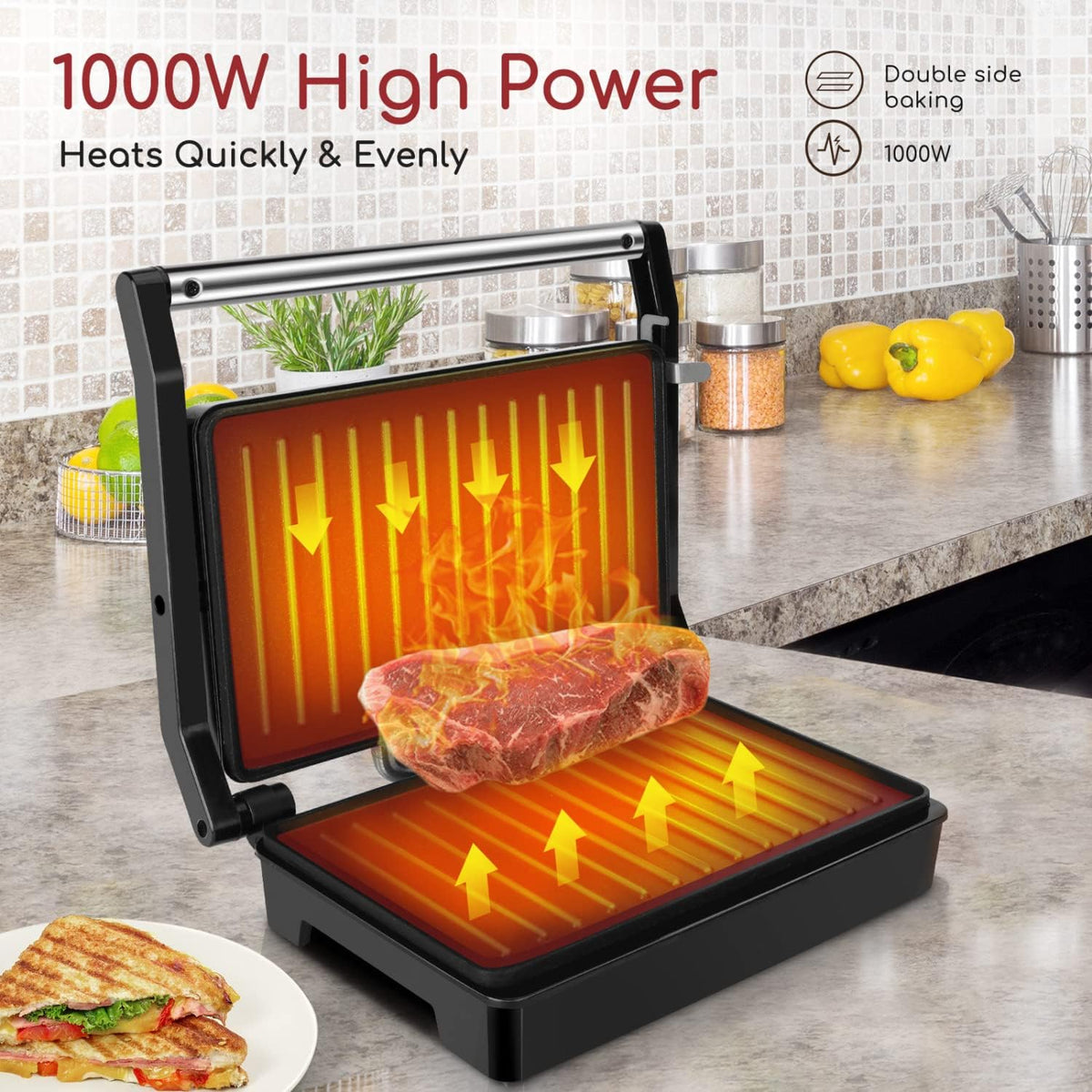 Belro Panini Press Sandwich Maker on kitchen countertop with grilled sandwiches ready to serve.
