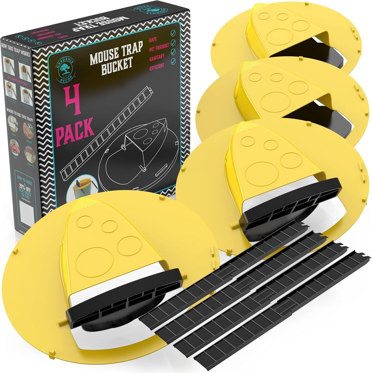 Belro 4-pack bucket lid mouse trap for outdoor pest control, with sturdy plastic design and bait compartment.