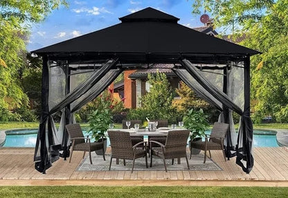 Casavibeo 10x12 outdoor steel frame gazebo with black finish, mosquito netting for patio, lawn, backyard, or garden use