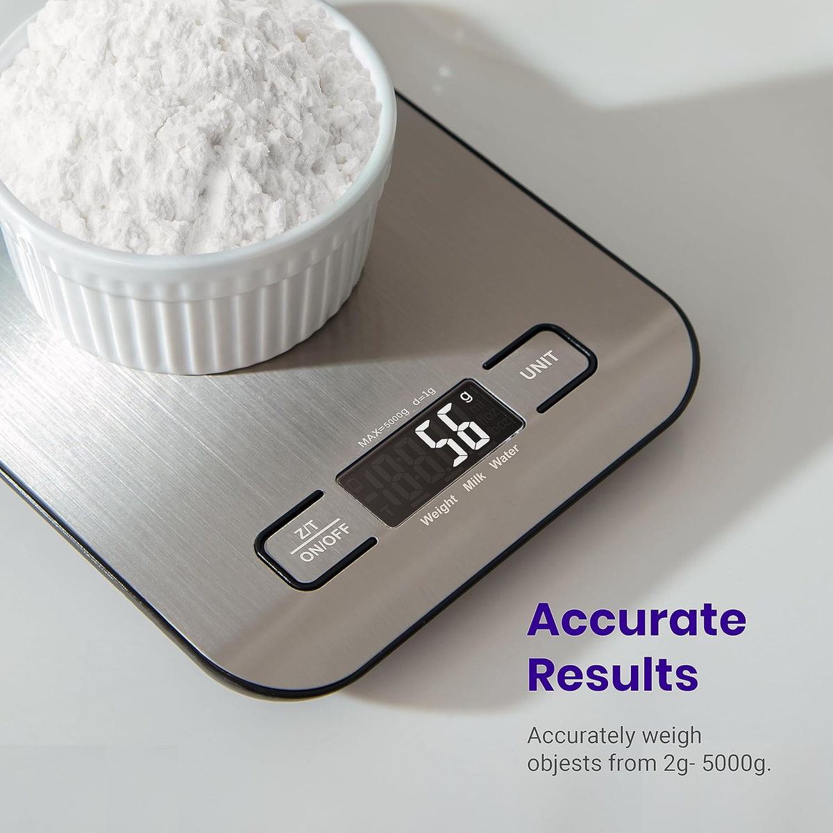 Belro digital kitchen scale with stainless steel platform for precise food measurement in a modern kitchen setting.