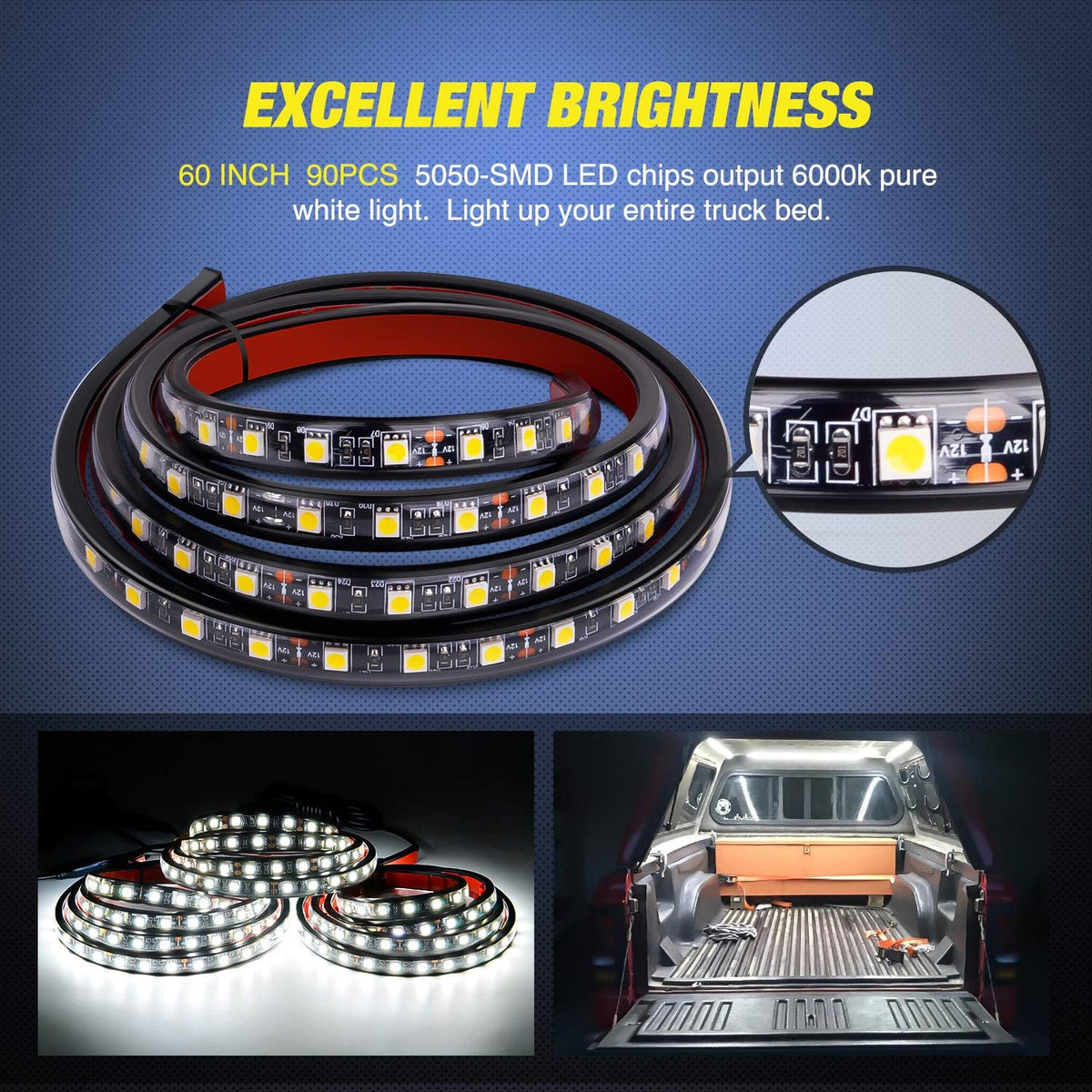 Belro 60-inch cargo pickup truck bed light strip attached inside a truck bed for improved visibility and organization.