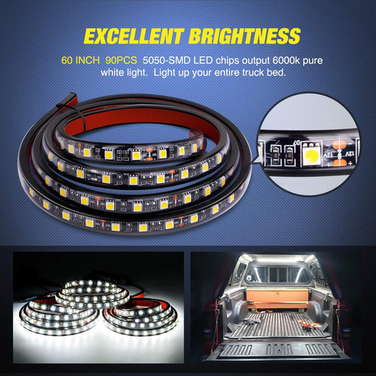 Belro 60-inch cargo pickup truck bed light strip attached inside a truck bed for improved visibility and organization.
