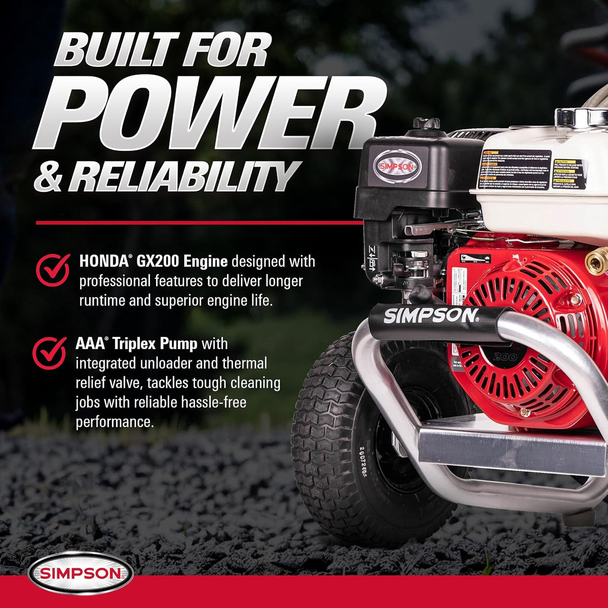 Casavibeo Simpson ALH3425 aluminum professional gas pressure washer with Honda GX200 engine, 3600 PSI, 2.5 GPM output.