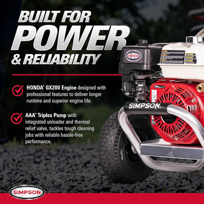 Casavibeo Simpson ALH3425 aluminum professional gas pressure washer with Honda GX200 engine, 3600 PSI, 2.5 GPM output.