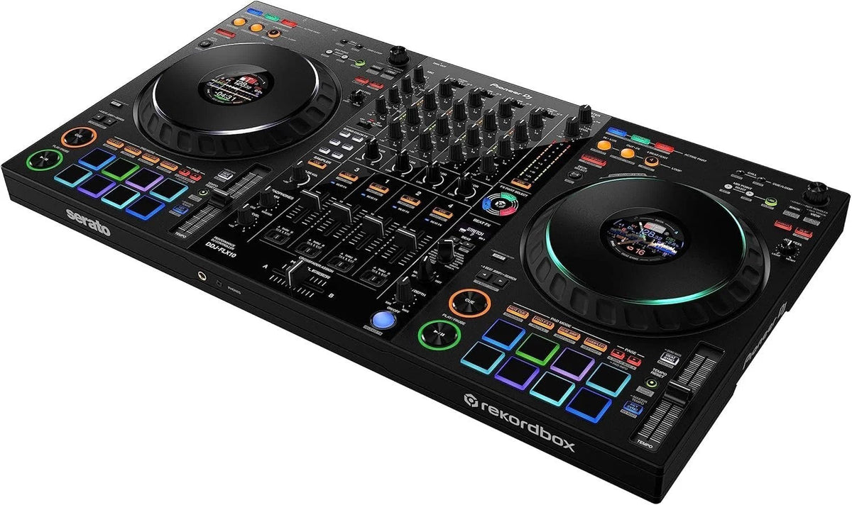 Pioneer DJ DDJ-FLX10 4-channel DJ controller with jog wheels, mixer knobs, and performance pads for professional DJ setups