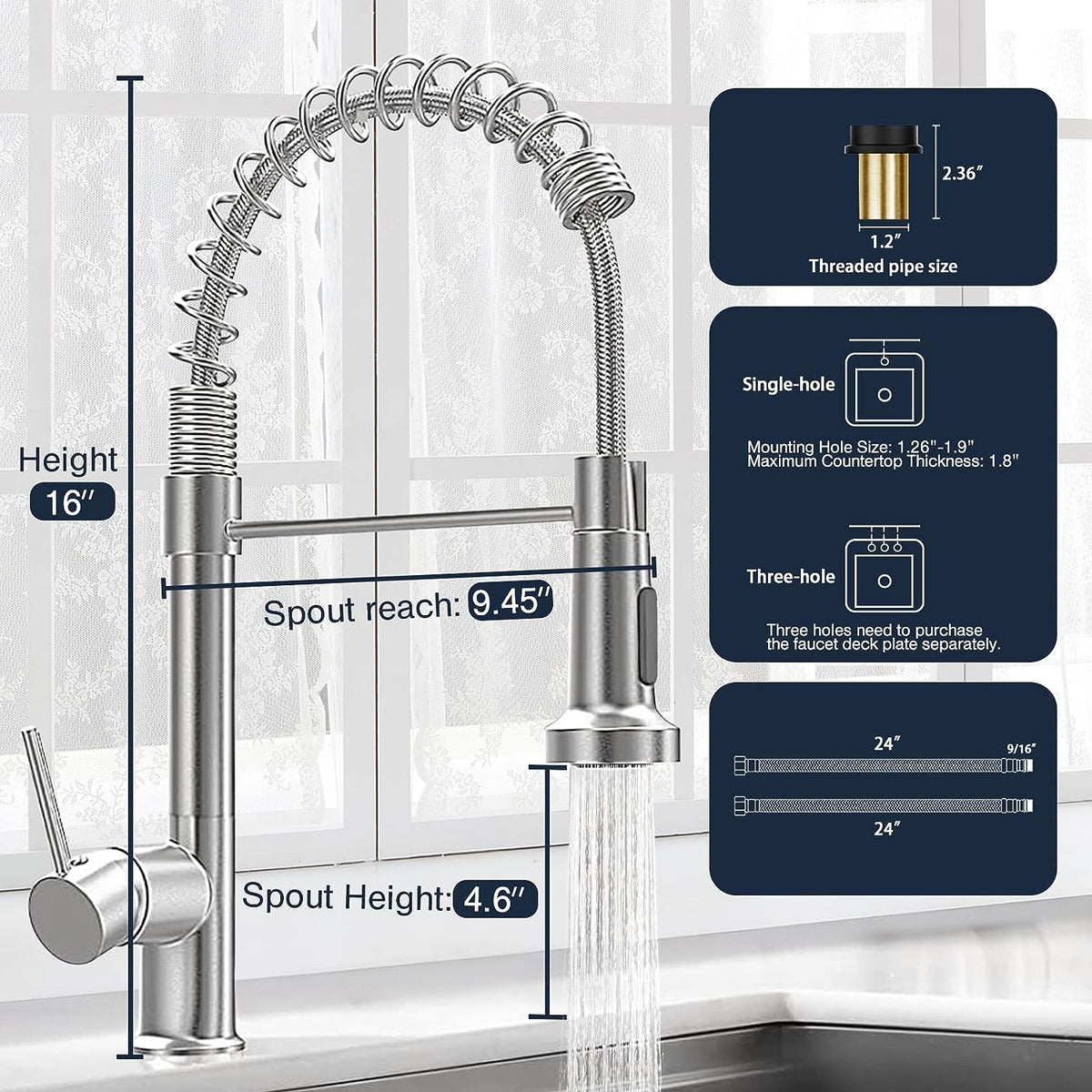 Belro single-hole kitchen faucet with pull-down sprayer, stainless steel finish, mounted on a modern kitchen sink.