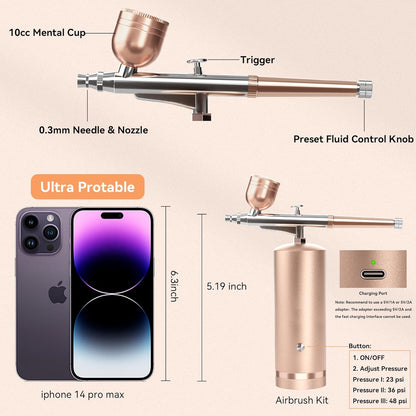 Belro cordless airbrush kit with spray gun, compressor, and accessories for detailed painting and makeup applications.