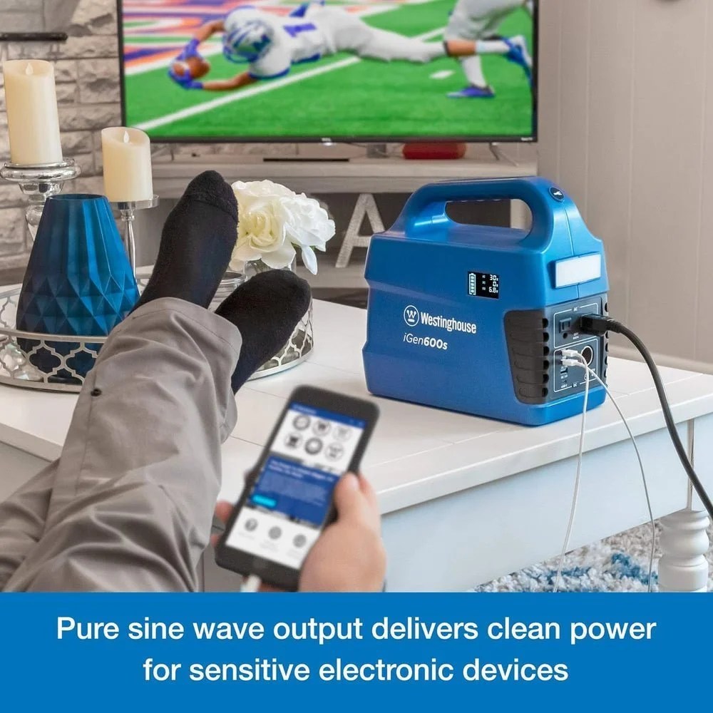 Westinghouse iGen600s portable power station with 600W capacity and 592Wh battery, shown in a sleek black design.