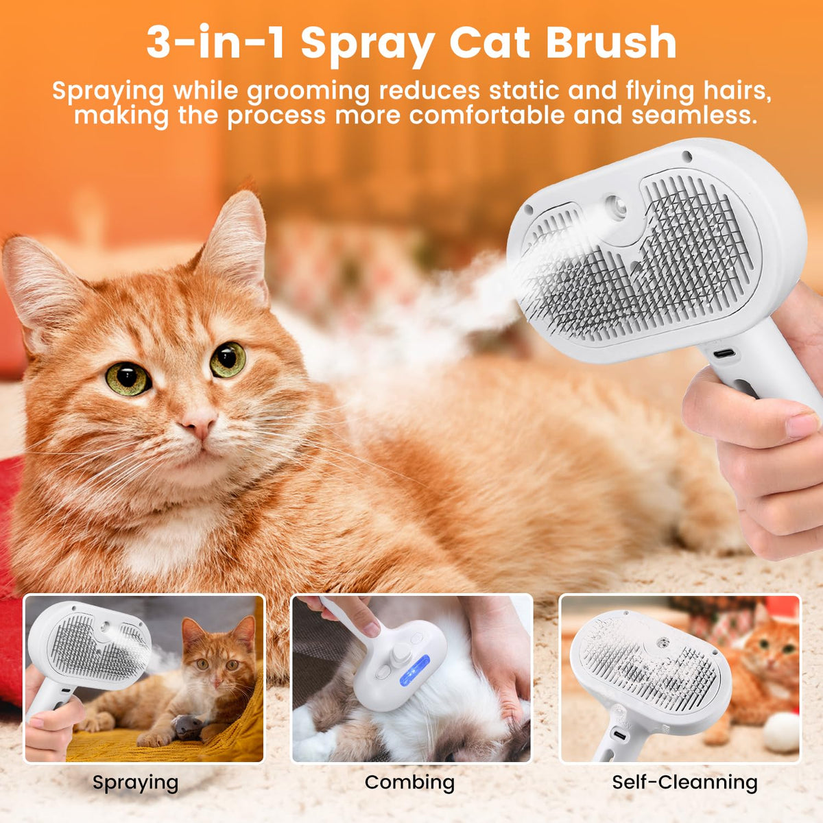 Belro Cat and Dog Steam Brush for pet grooming, with bristles and steam nozzle for easy fur cleaning and detangling.