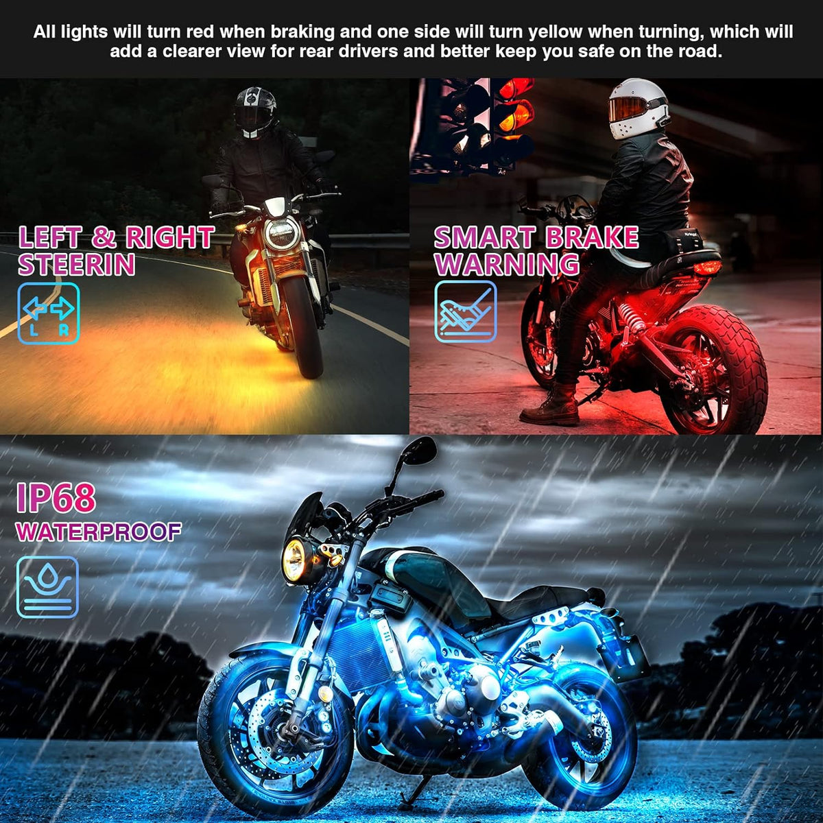 Belro 12pcs motorcycle LED light kit with brake light and turn signals, includes various LED lights for motorcycle safety and visibility.