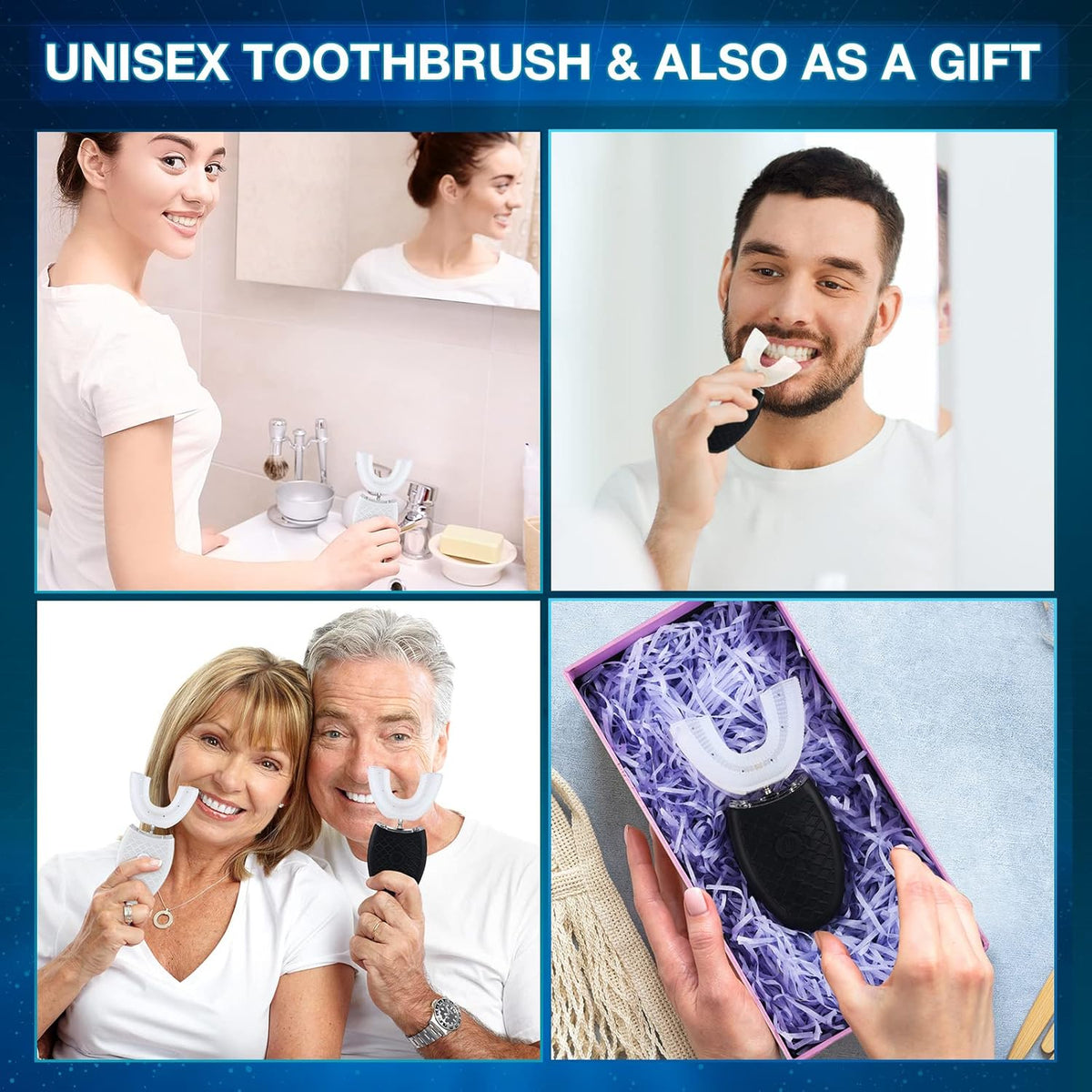 Belro U-shaped toothbrush designed for effective oral cleaning, featuring ergonomic handle and flexible U-shaped brush head.