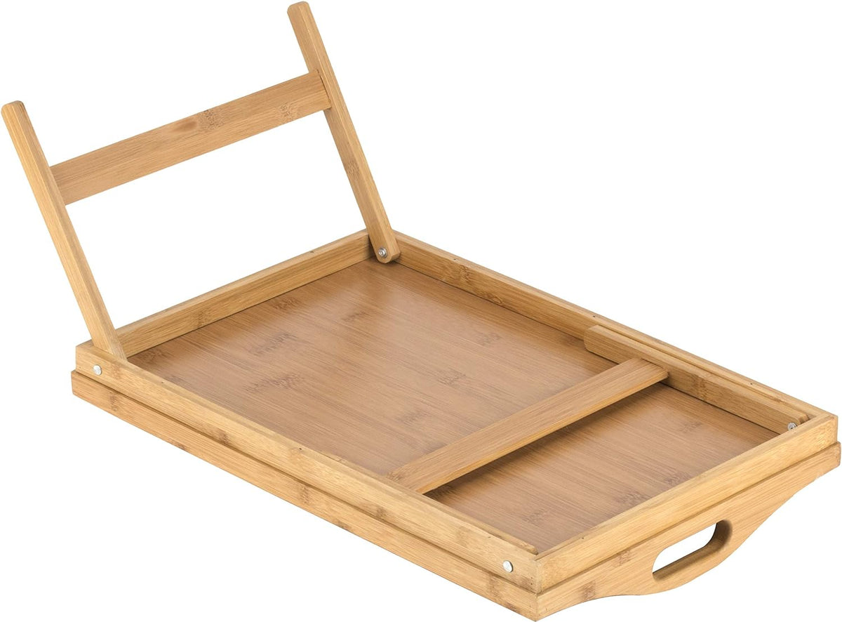 Belro bed table tray with folding legs, portable wooden surface ideal for reading, working, or breakfast in bed.