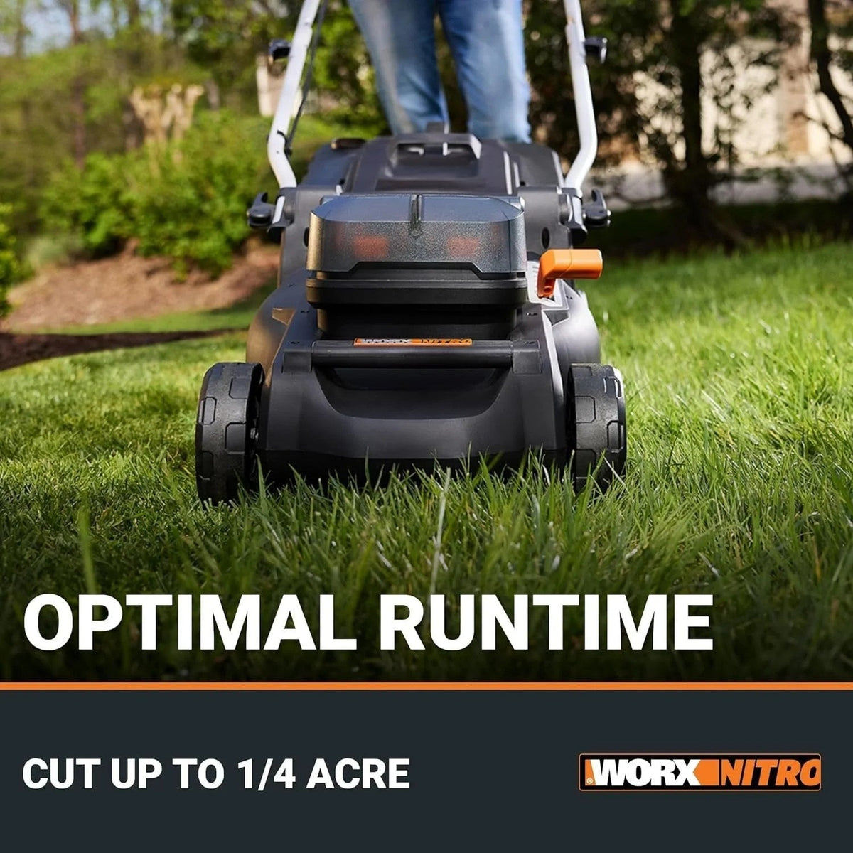 WORX Nitro 40V cordless lawn mower with 16-inch cutting deck, brushless motor, and Intellicut technology.