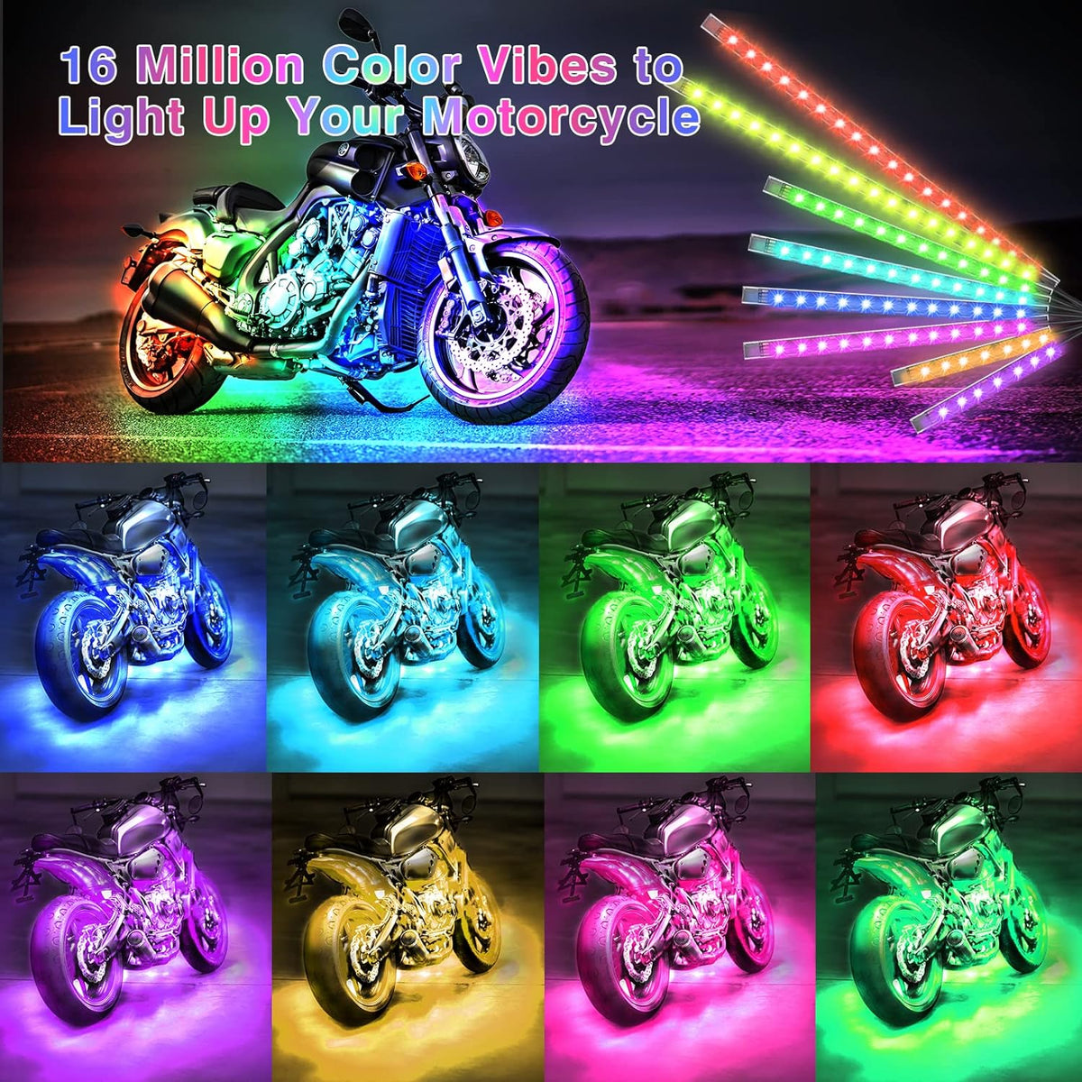 Belro 12-piece motorcycle LED light kit with brake light and turn signals mounted on a motorcycle, showcasing bright illumination and wiring.