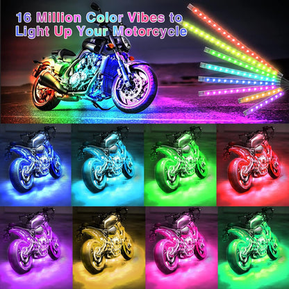 Belro 12-piece motorcycle LED light kit with brake light and turn signals mounted on a motorcycle, showcasing bright illumination and wiring.