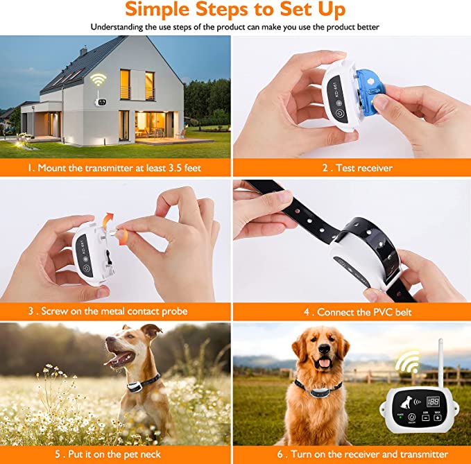 Wireless dog fence with collar from Belro, showing the electronic boundary system and the collar worn by a dog.