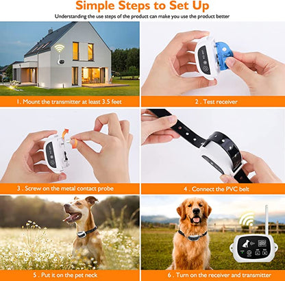 Wireless dog fence with collar from Belro, showing the electronic boundary system and the collar worn by a dog.