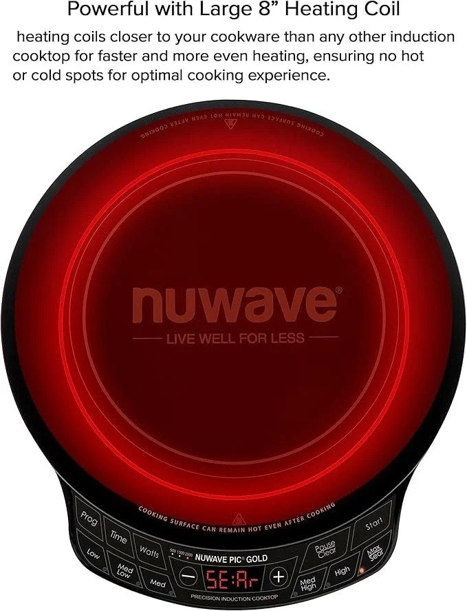 Casavibeo Nuwave Precision Induction Cooktop with gold finish, shatter-proof ceramic surface, large heating coil, and adjustable temperature