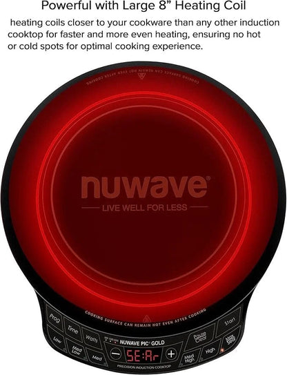 Casavibeo Nuwave Precision Induction Cooktop with gold finish, shatter-proof ceramic surface, large heating coil, and adjustable temperature