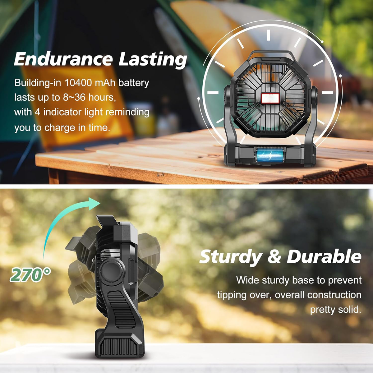 Belro portable rechargeable camping fan with built-in LED light, compact and lightweight for outdoor camping and hiking.